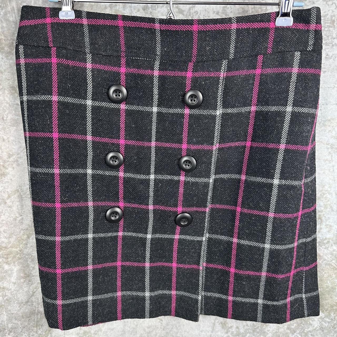 Pink and grey plaid skirt from Loft. Button front