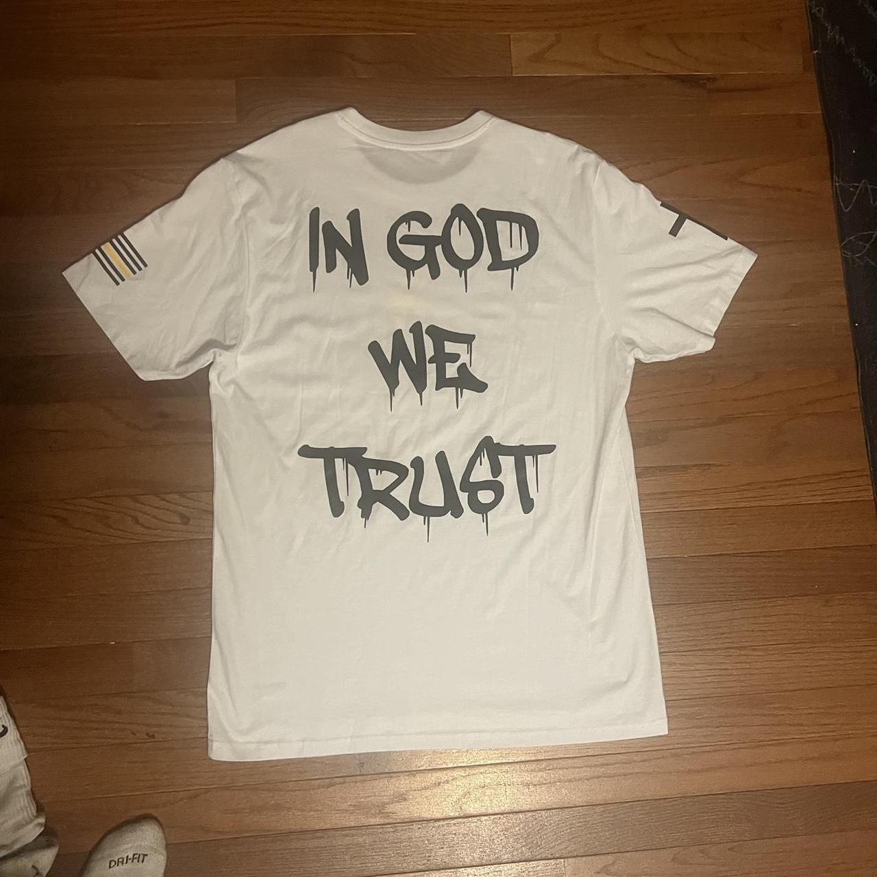 in god we trust white black and yellow graphic tee - Depop