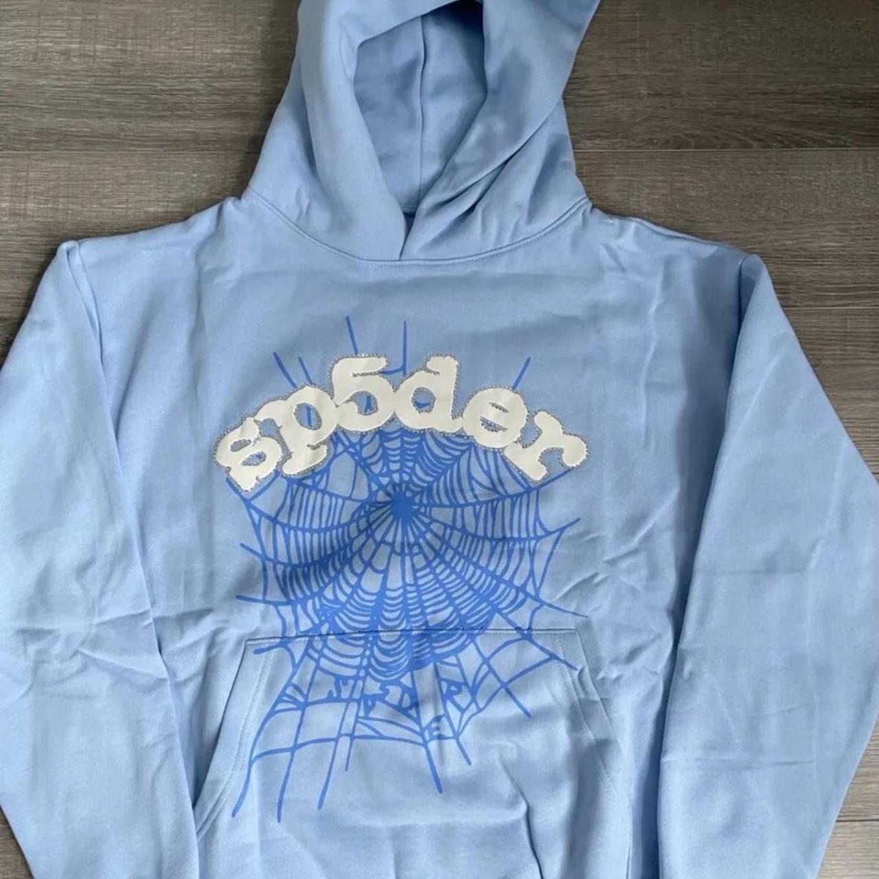 Authentic Sky Blue Sp5der Hoodie with stock X | Depop Authentic Sky Blue Sp5der Hoodie with stock X | Depop
