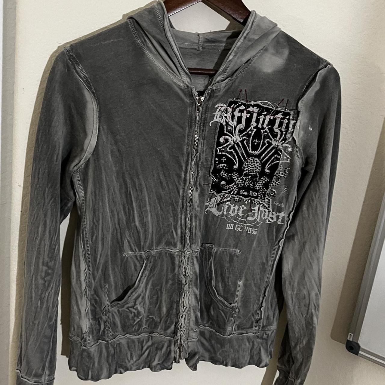 affliction hoodie grey and black, missing piece of... - Depop