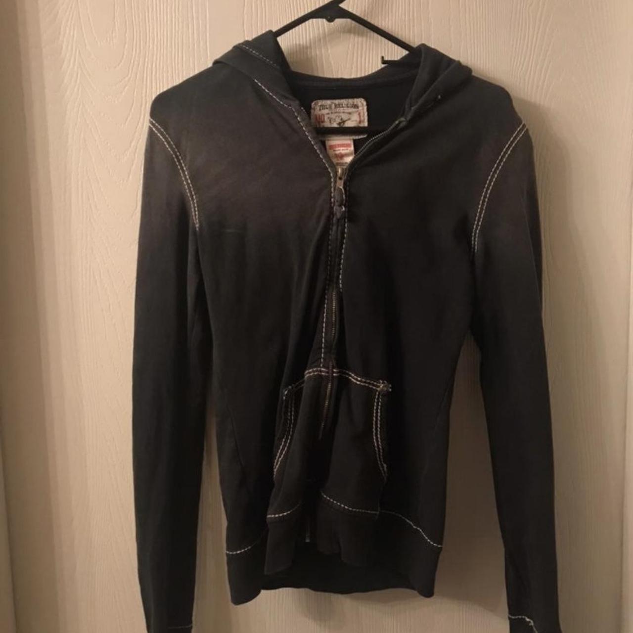 Dark gray True Religion hoodie with distressed look.... - Depop