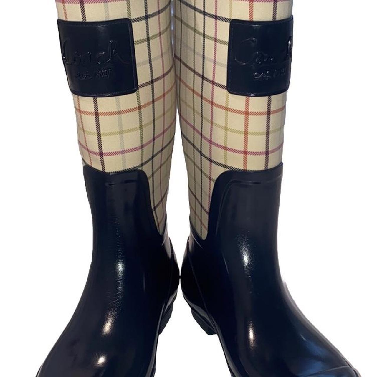 Coach Pearl Tattersall Plaid Navy Rain Boots