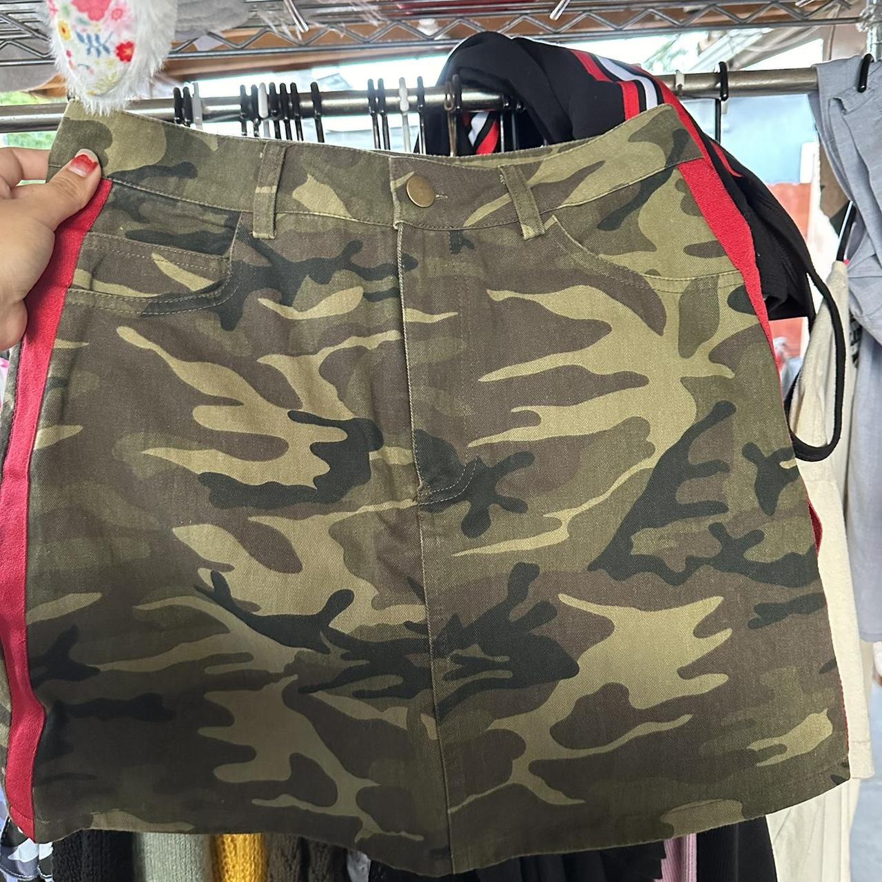 Camo skirt shop with red stripe