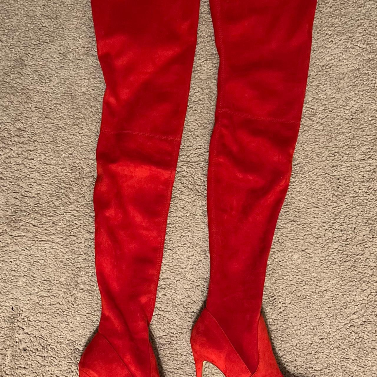 Thigh high red Steve Madden boot heel. Dominique Depop