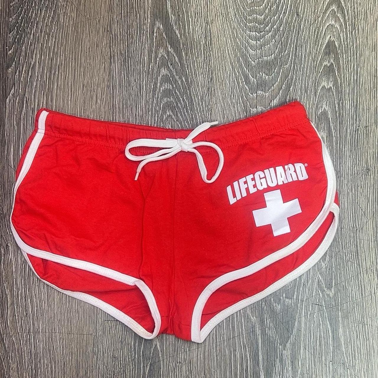 Red and white size small lifeguard shorts from
