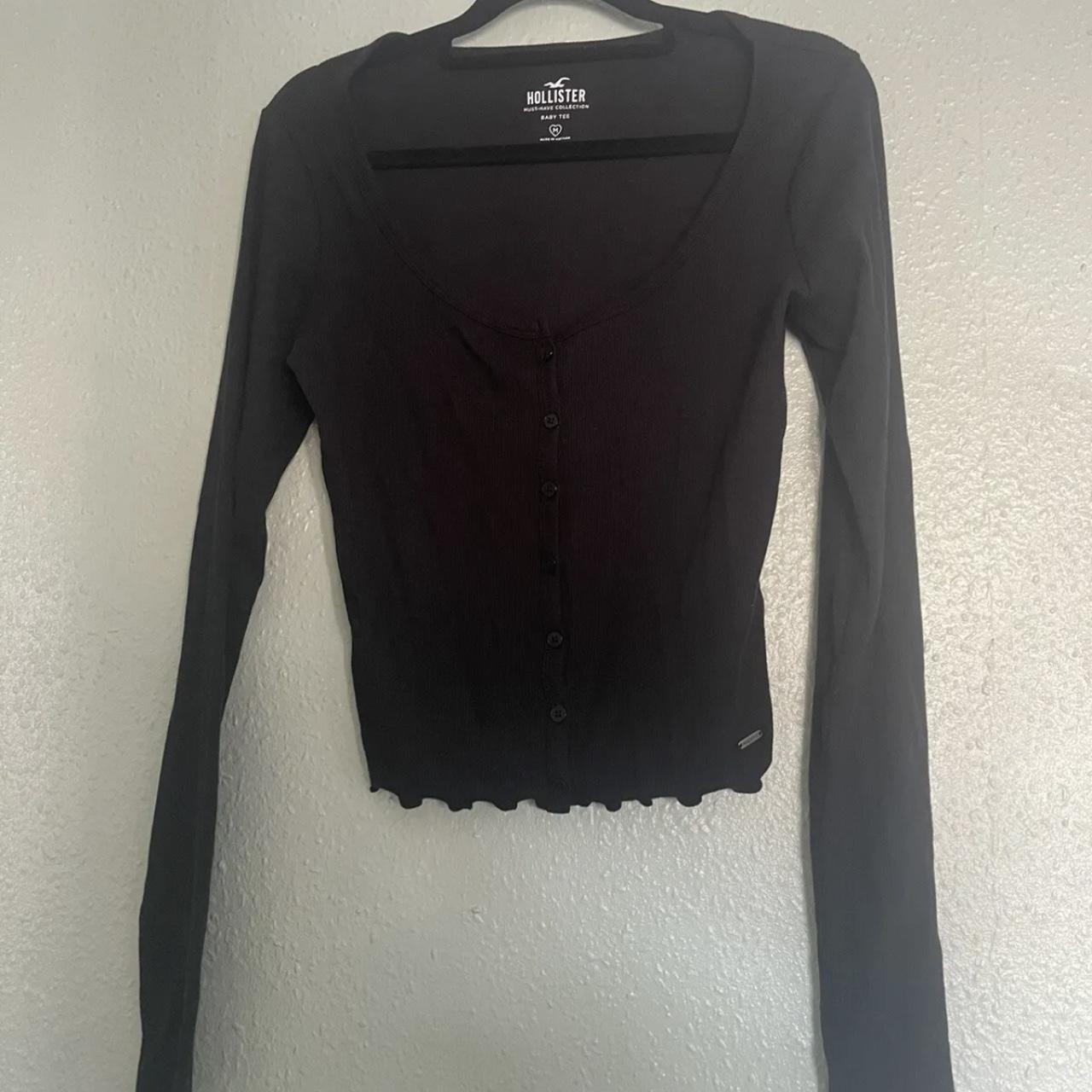 Hollister baby tee black long sleeved, button front,... Depop