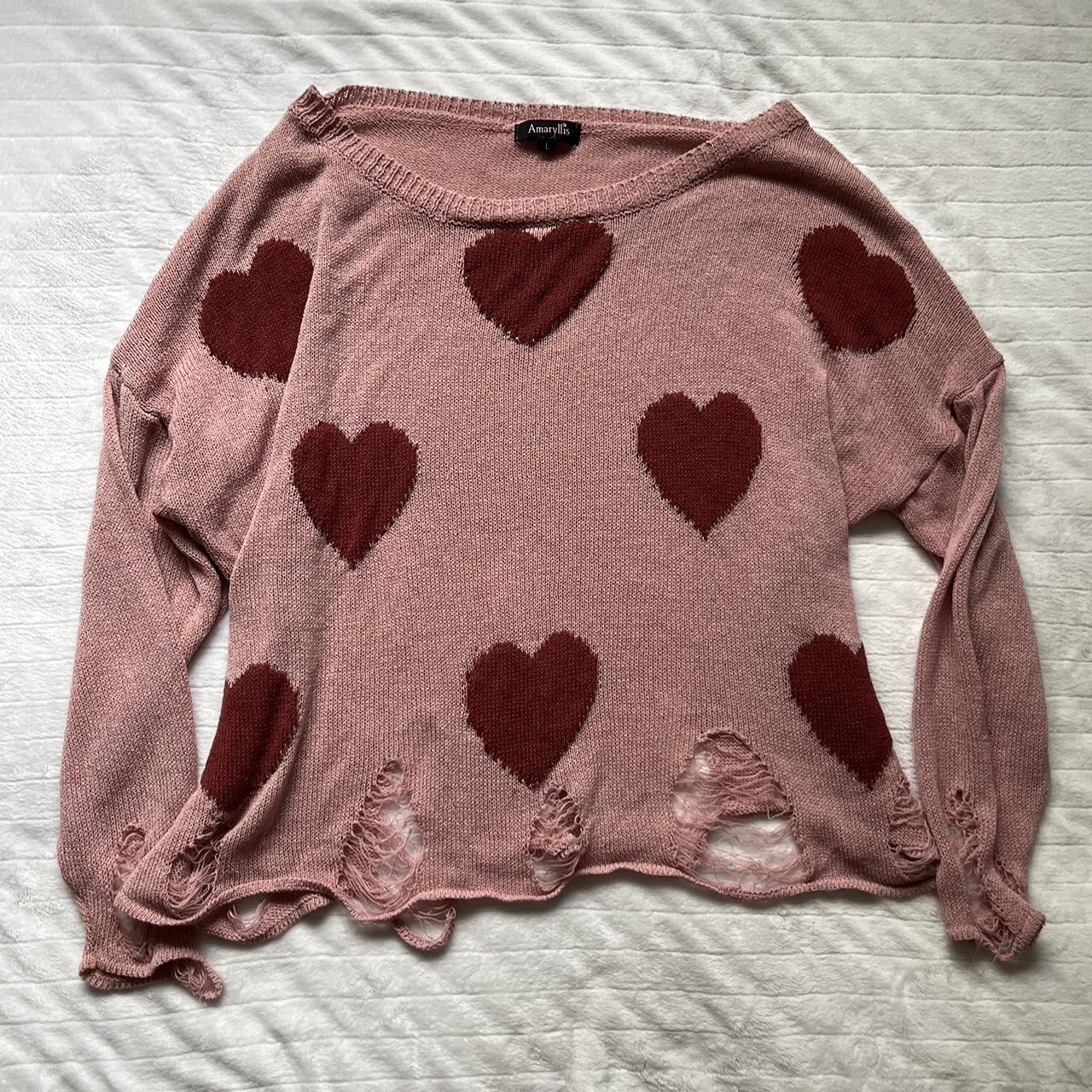 Distressed pink sweater with hearts ️ Marked size... - Depop