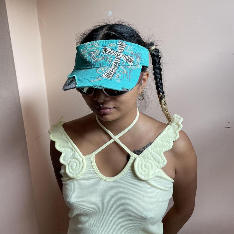 Y2k Grunge Cross Visor Blue Hat 2000s Blue... - Depop