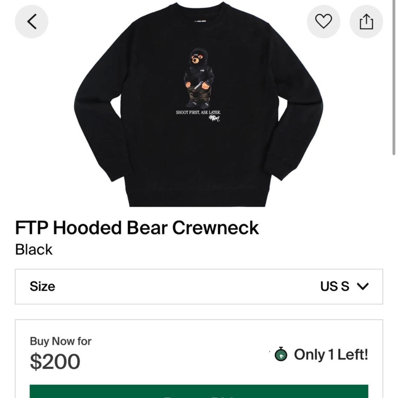 FTP Black fashion Hooded Bear Crewneck Shoot First Ask Later Size Medium New