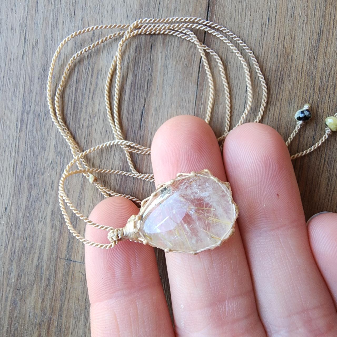 Handmade Golden Rutilated Quartz Macrame Necklace Depop