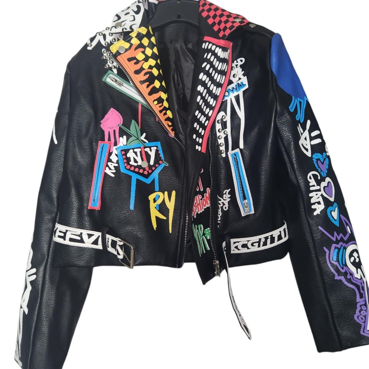 GRAFFITI MOTO VEGAN LEATHER JACKET AZALEA WANG LOOK | Depop