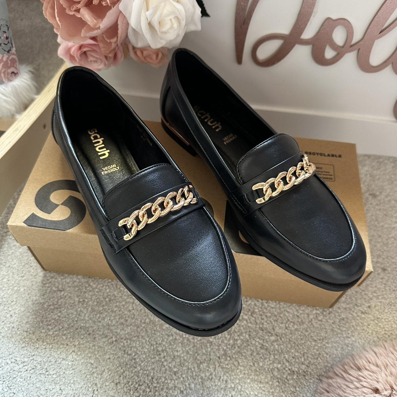 Ladies black size 4 loafers with gold chain - Depop