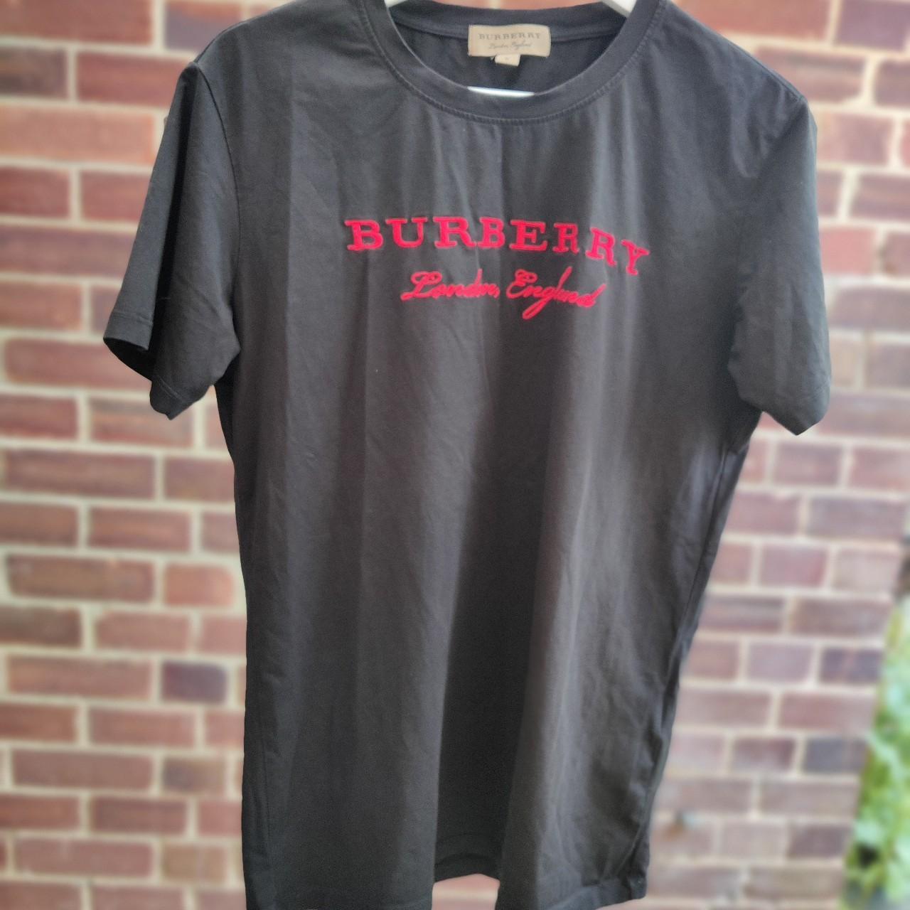 Burberry men's black/red logo/monogram t-shirt. - Depop