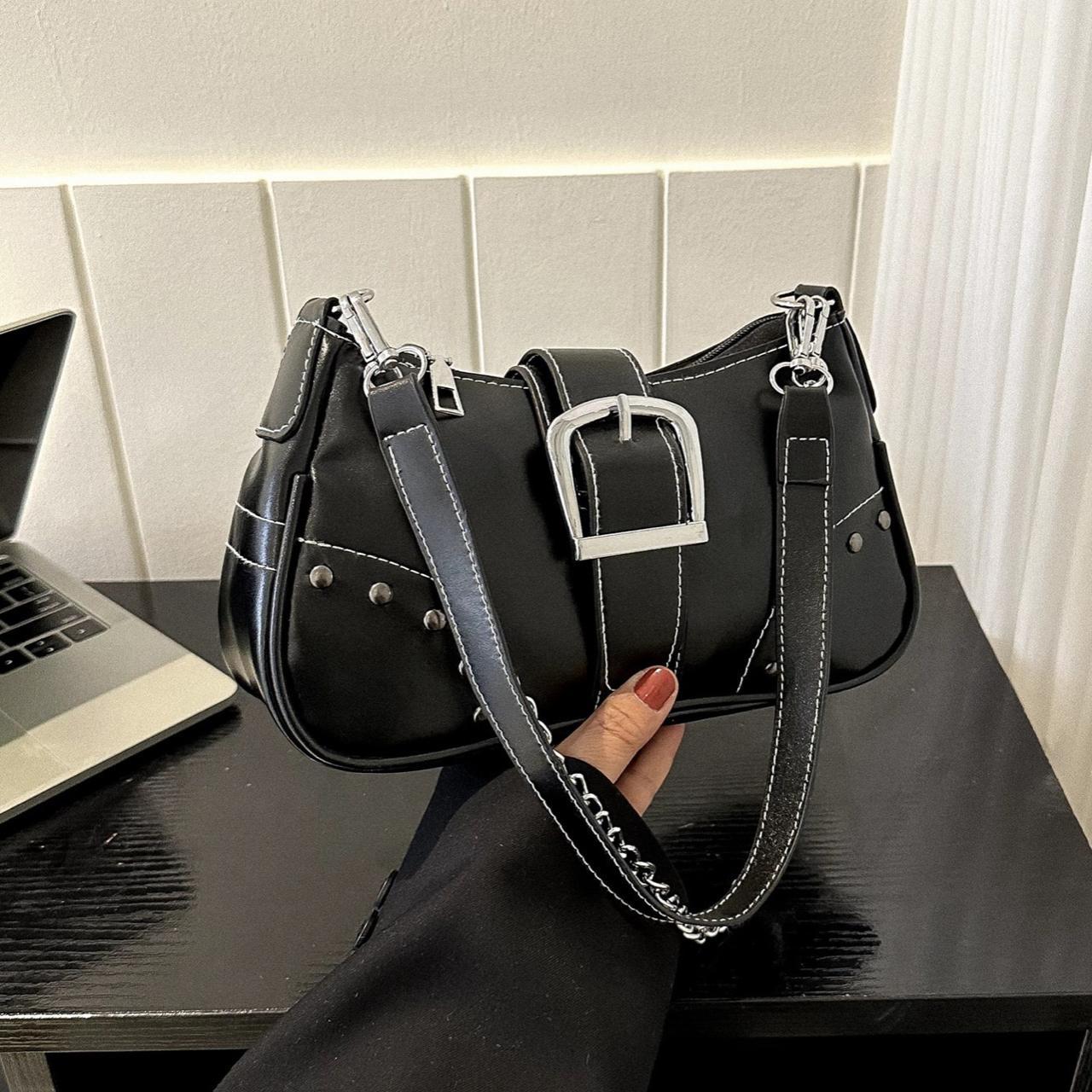 Y2K Black leather belt buckle purse hand bag - Depop