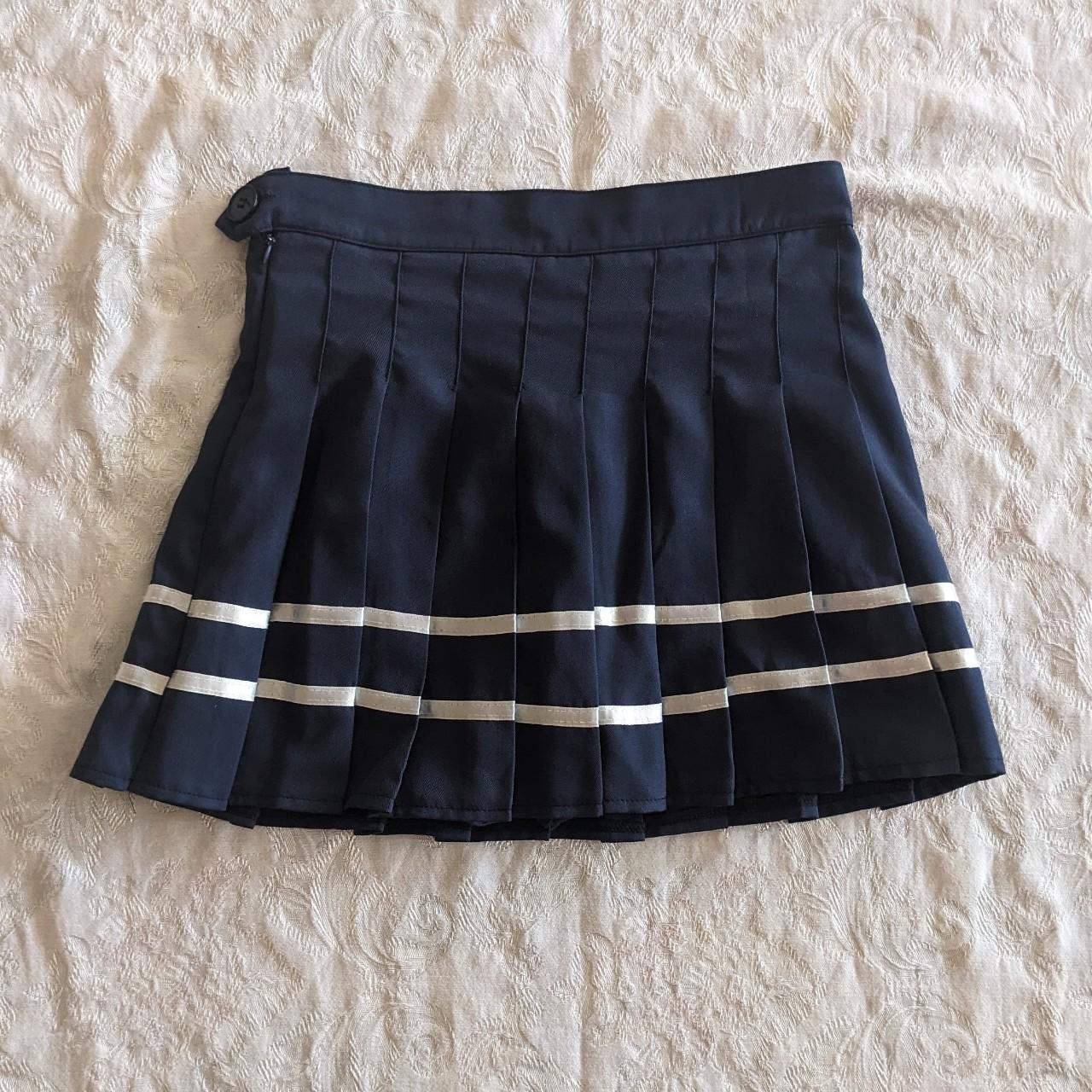 Navy blue pleated tennis skirt striped zipper and... - Depop