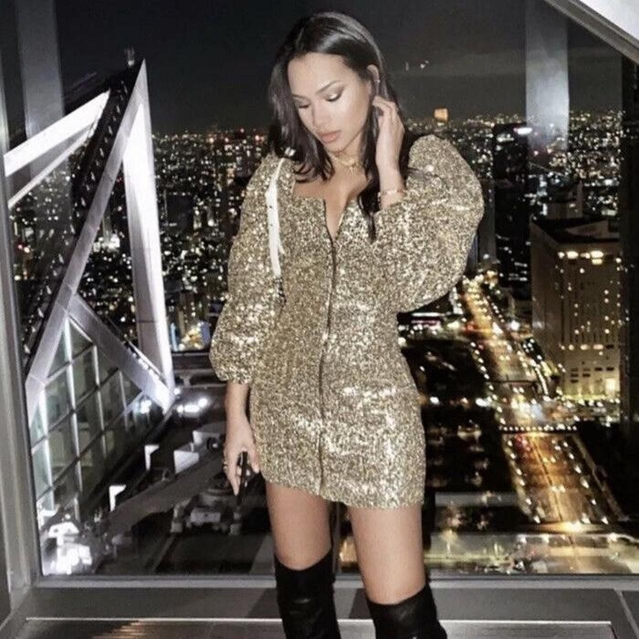 Gold glitter zip up front mini dress, brand new with... Depop