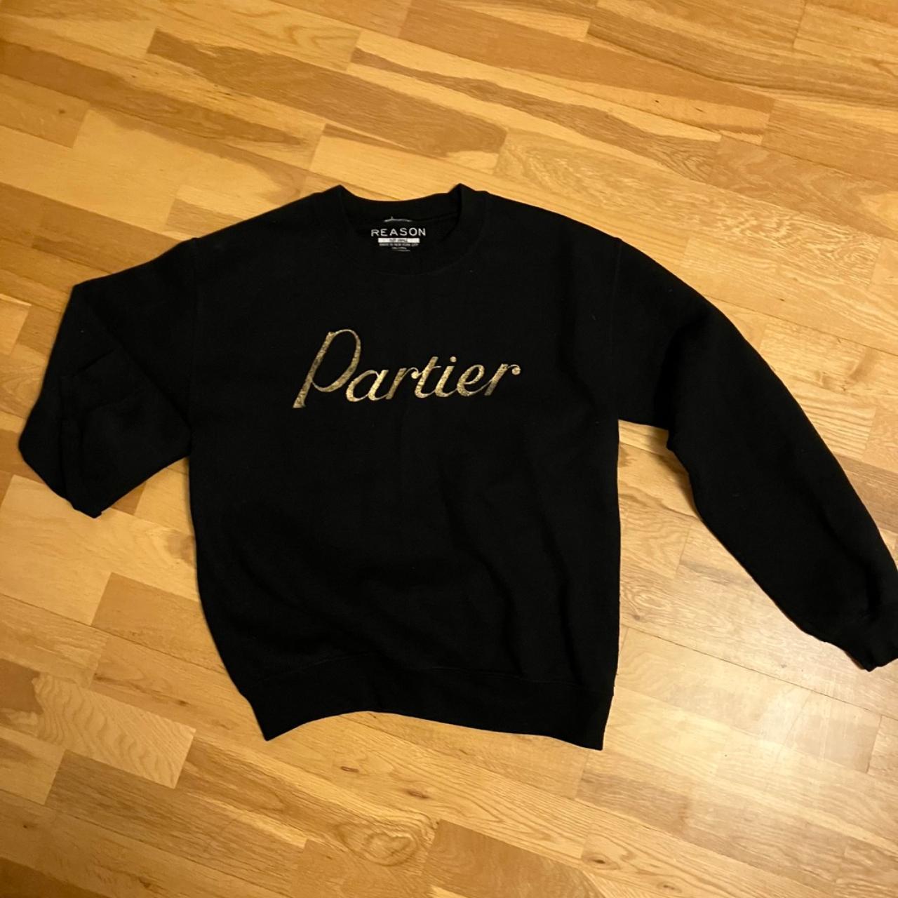 Black sweatshirt with gold writing best sale