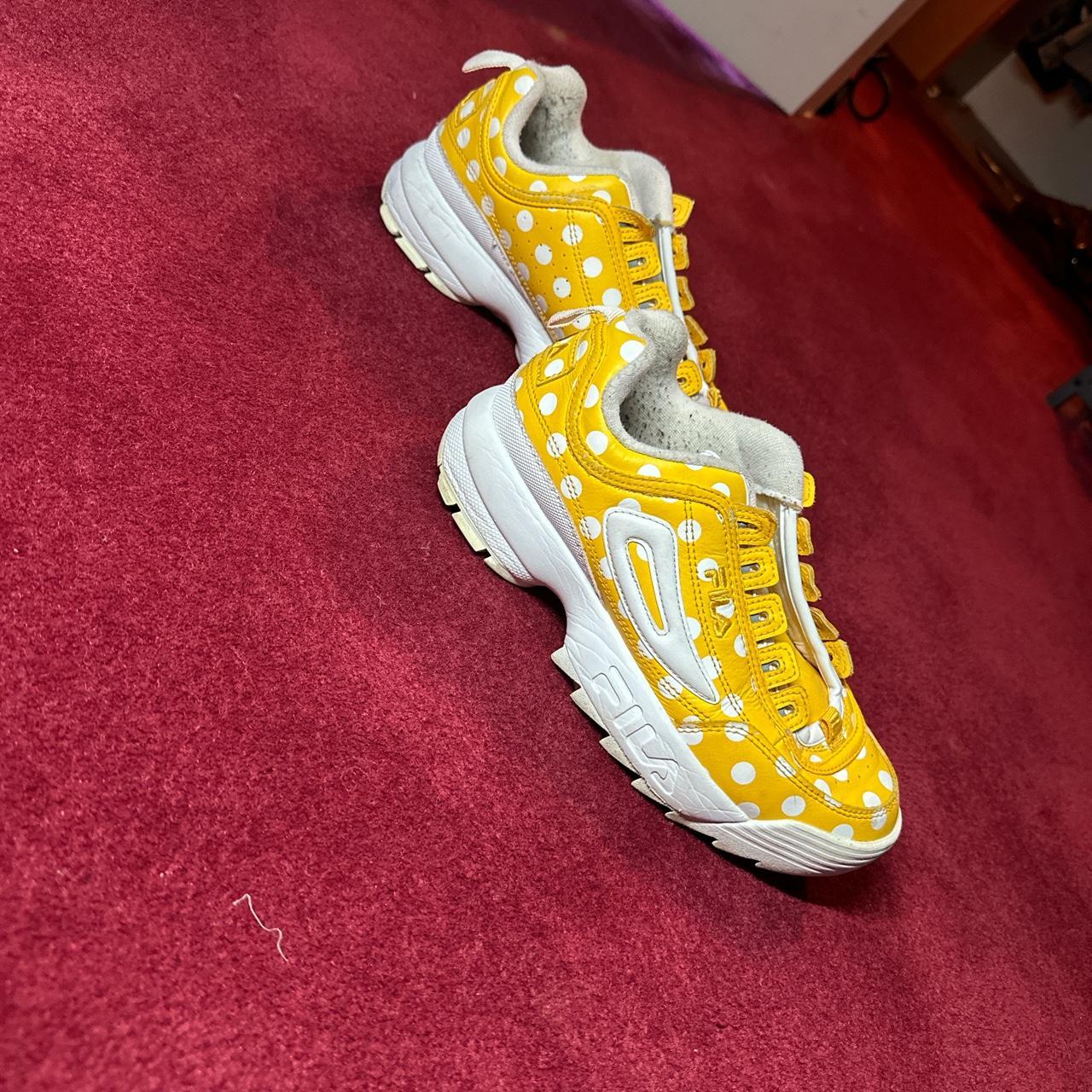 Yellow and white polka dot Fila platform No laces