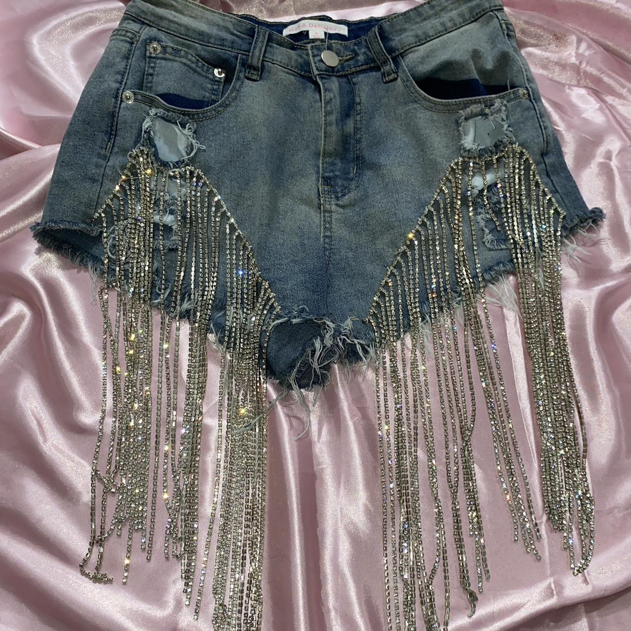 sparkly rhinestone fringe trim denim shorts, perfect... - Depop