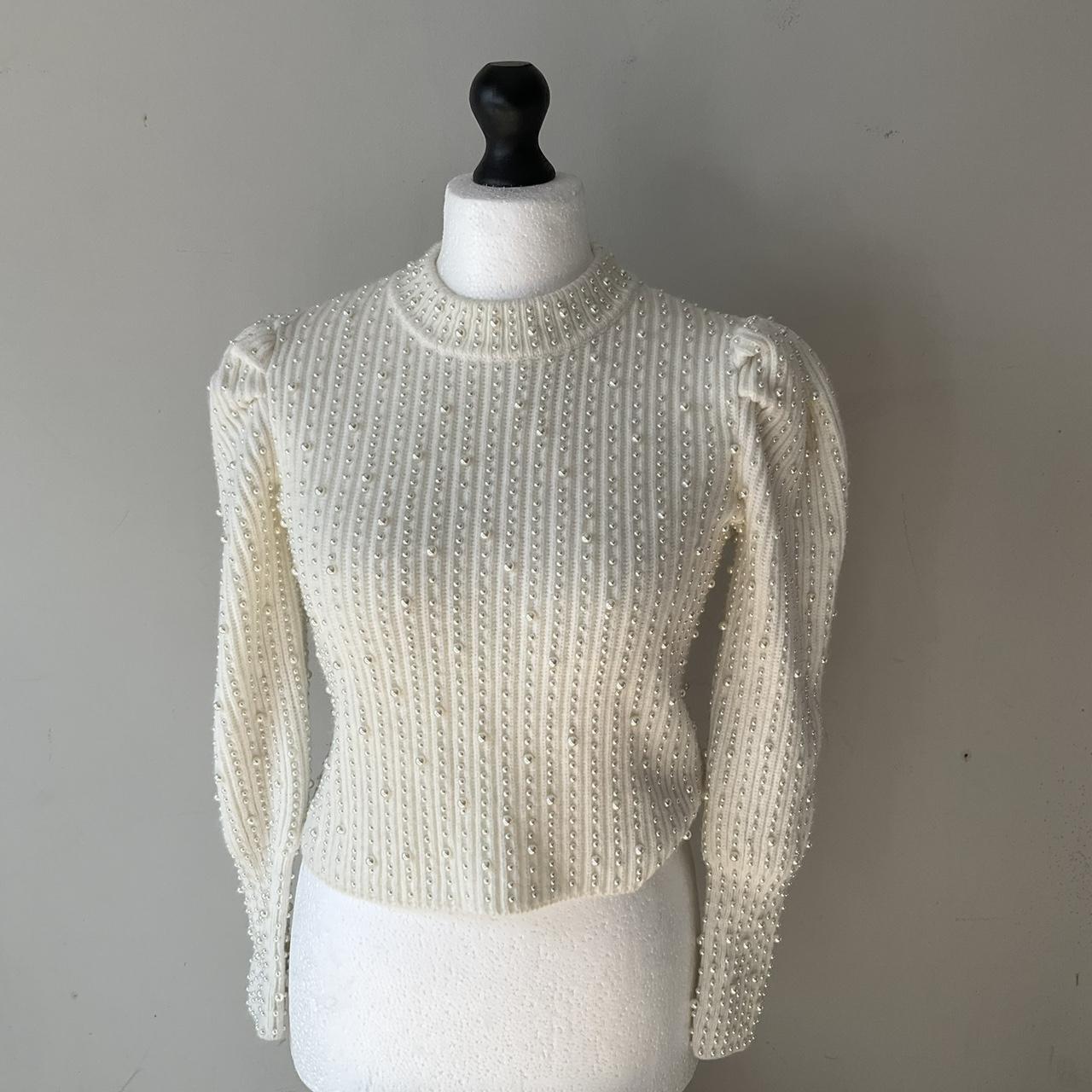 Zara knitted with pearls Chic Light cotton jumper - Depop