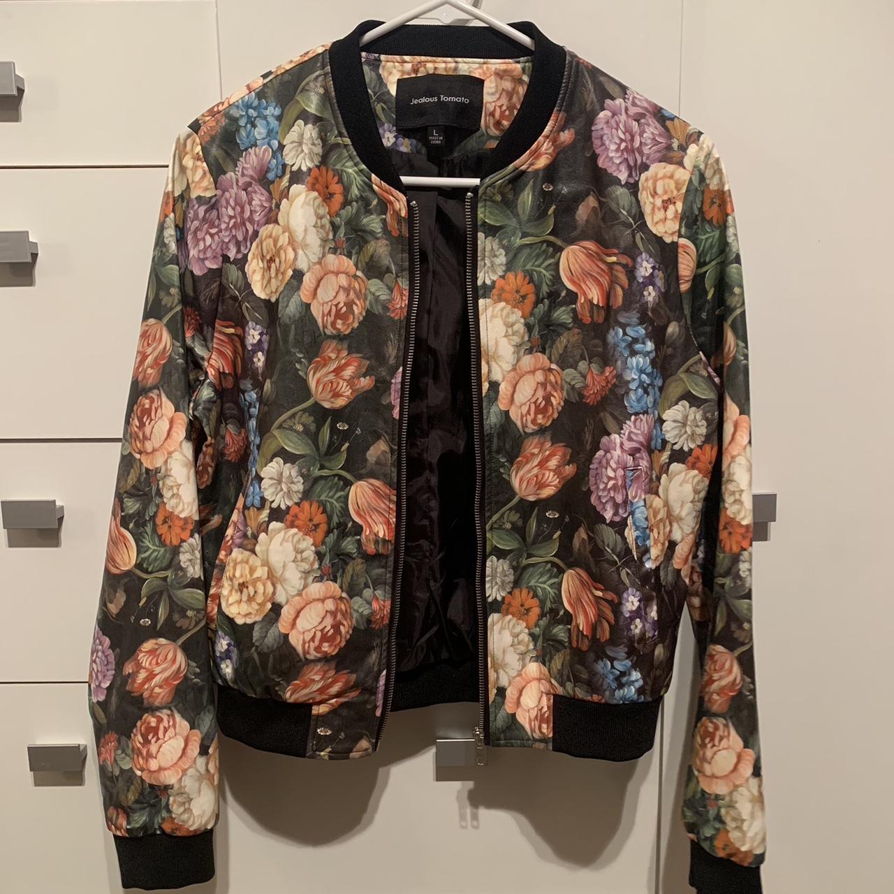 beautiful floral leather jacket , it says L but fits... - Depop