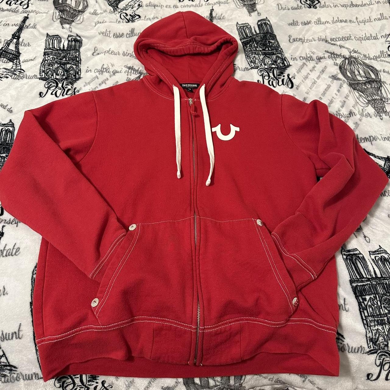 Red True Religion Zip Up MESSAGE ME BEFORE YOU... - Depop