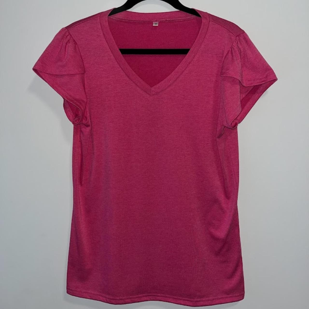 Medium pink V-neck T-shirt. It has pedal overlapping... - Depop