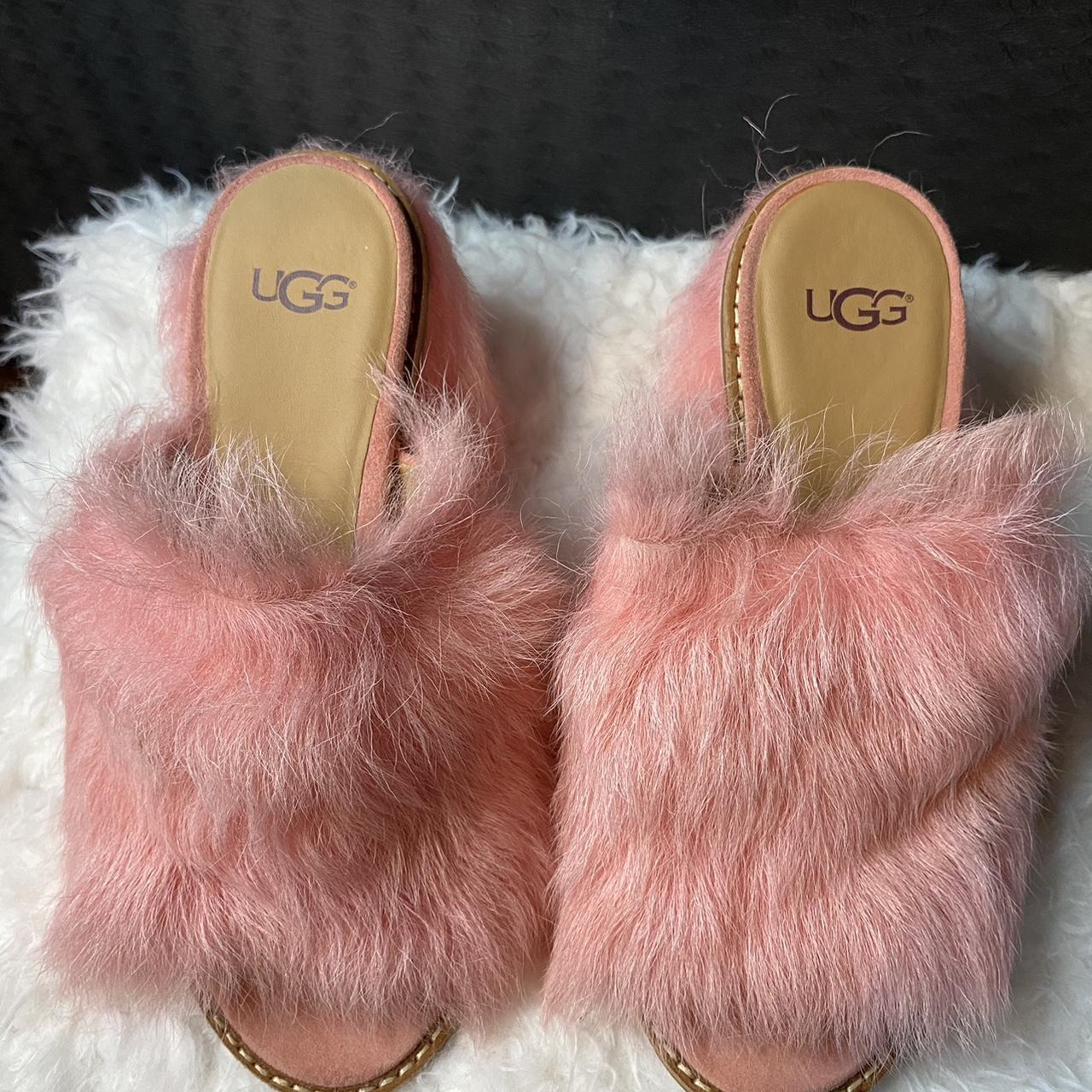 Ugg pink furry heeled slippers new size 7 - Depop