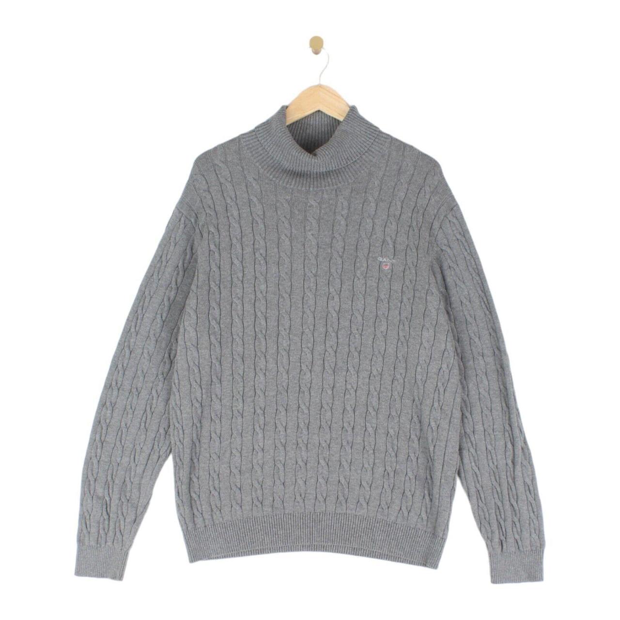 Gant Cable Knit Jumper Roll Neck Stretch Grey Cotton