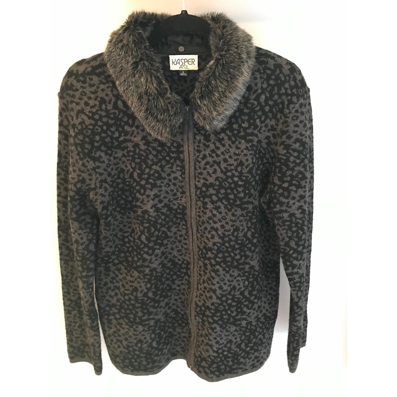 Size 6 leopard print sweater jacket. Black and grey... - Depop