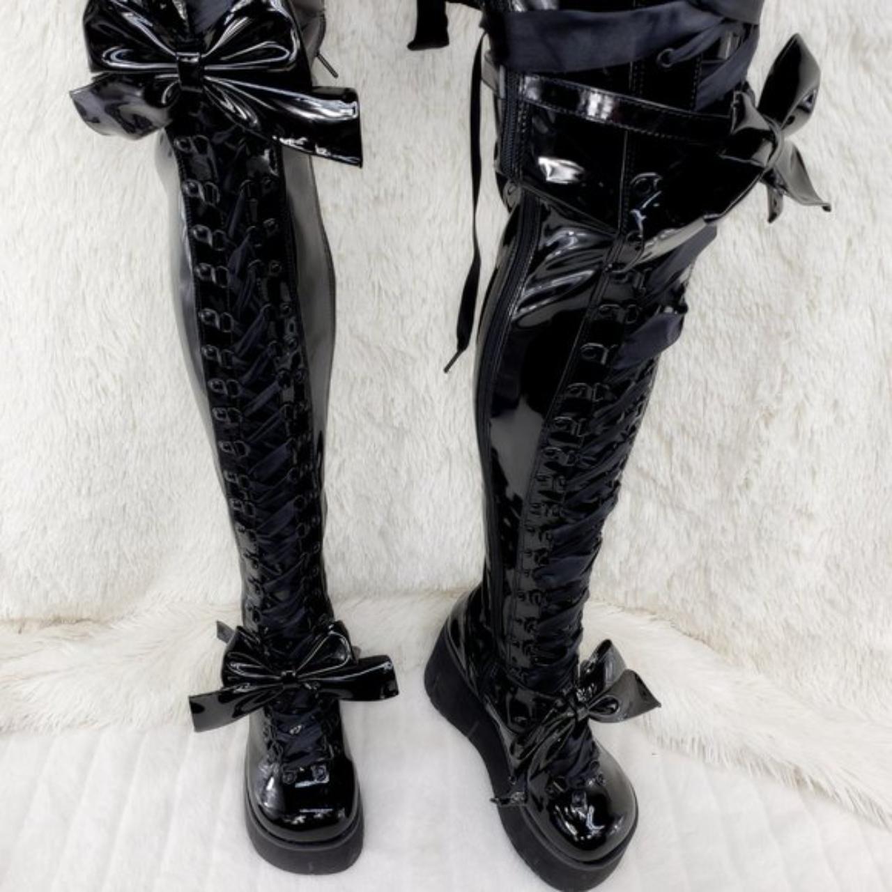 Thigh High Demonia Patent Boots Demonia Camel Patent Black Women's
