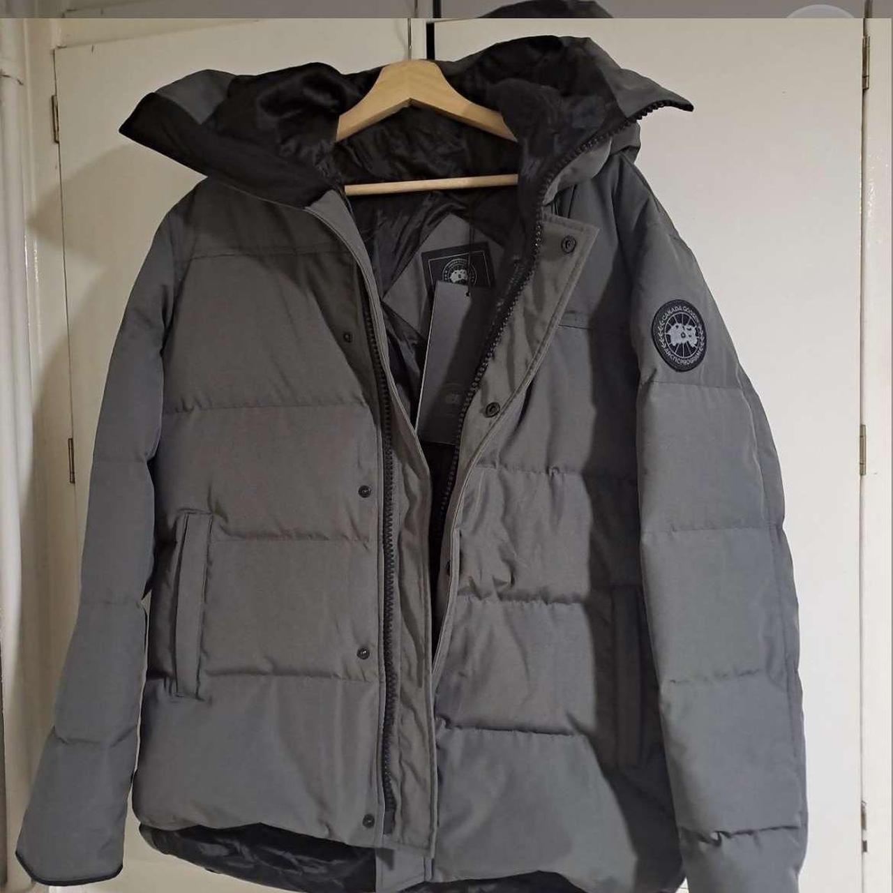 grey canada goose wyndham parka black badge , size... - Depop