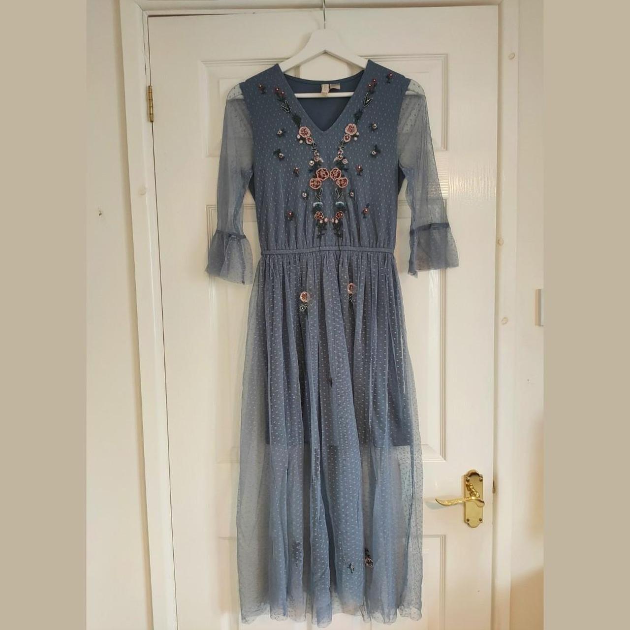 Beaded floral midi dress. H&M petite. Spotty mesh... Depop