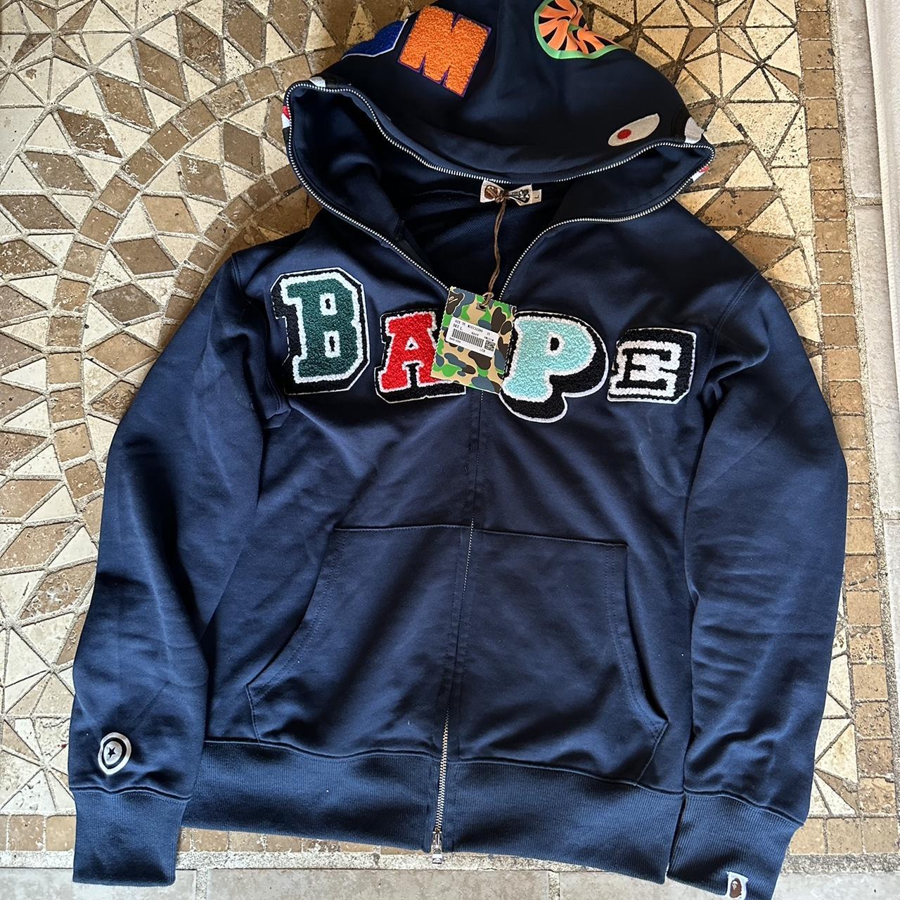 navy bluebape hoodie size large fits medium - Depop