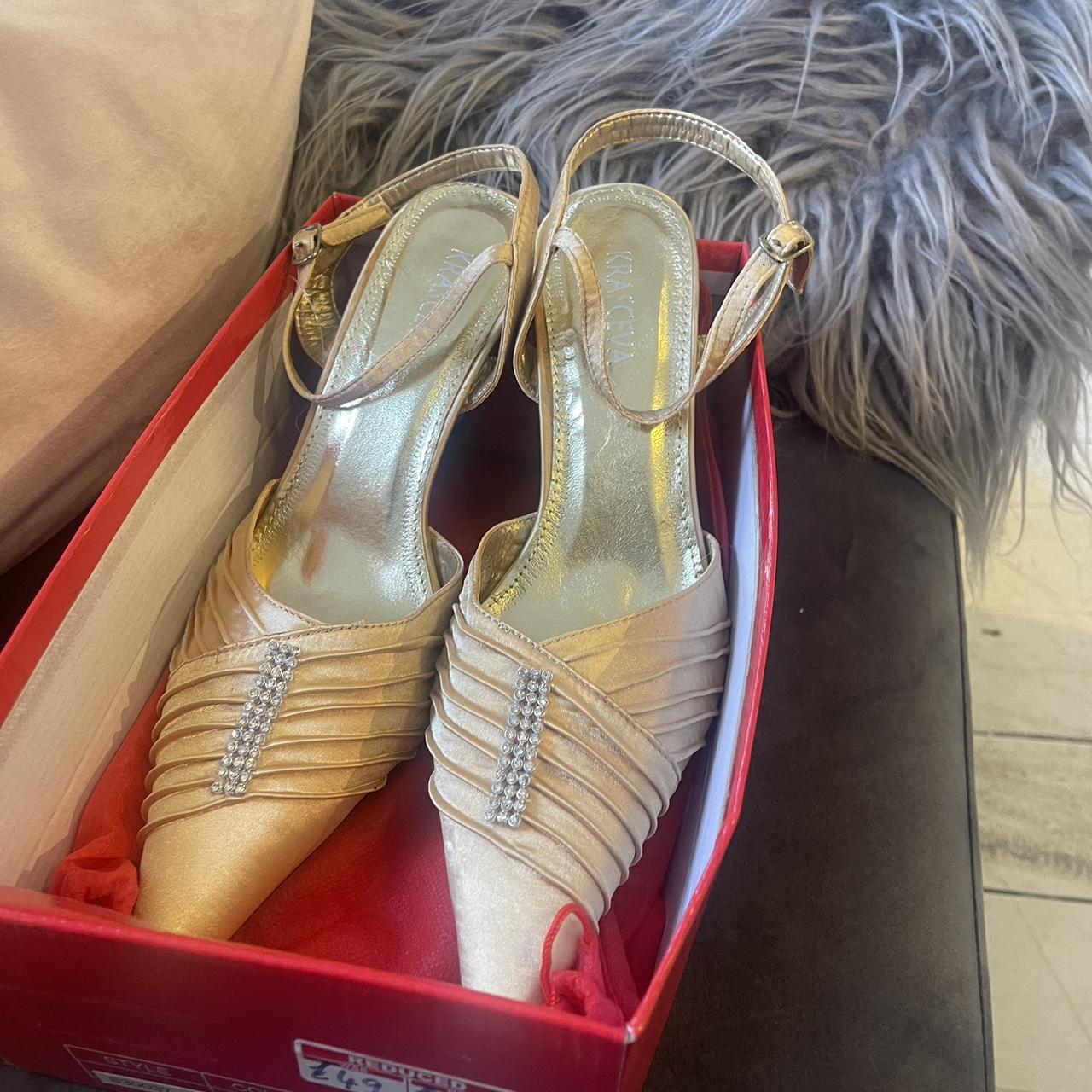 Gold satin occasion heels. With crystal detail to. Depop