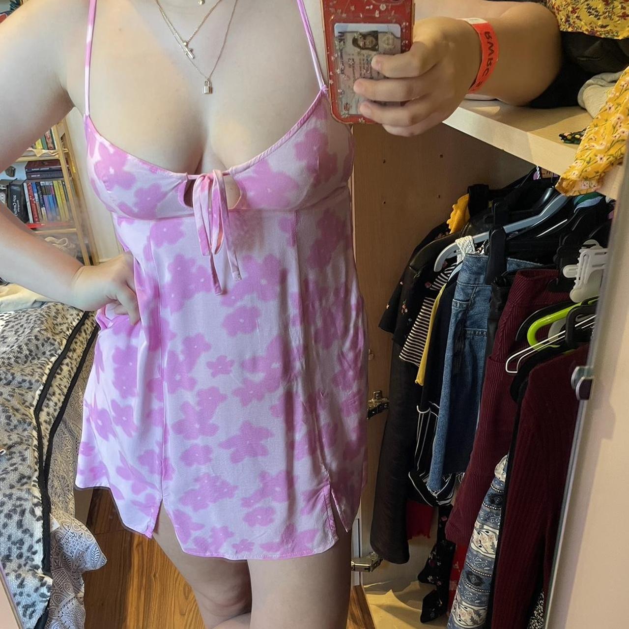 Pink flowery mini dress - has pockets both sides -... - Depop