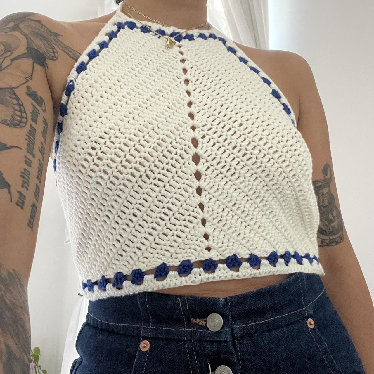 Blue and white knit halter crop top women’s size M -... - Depop