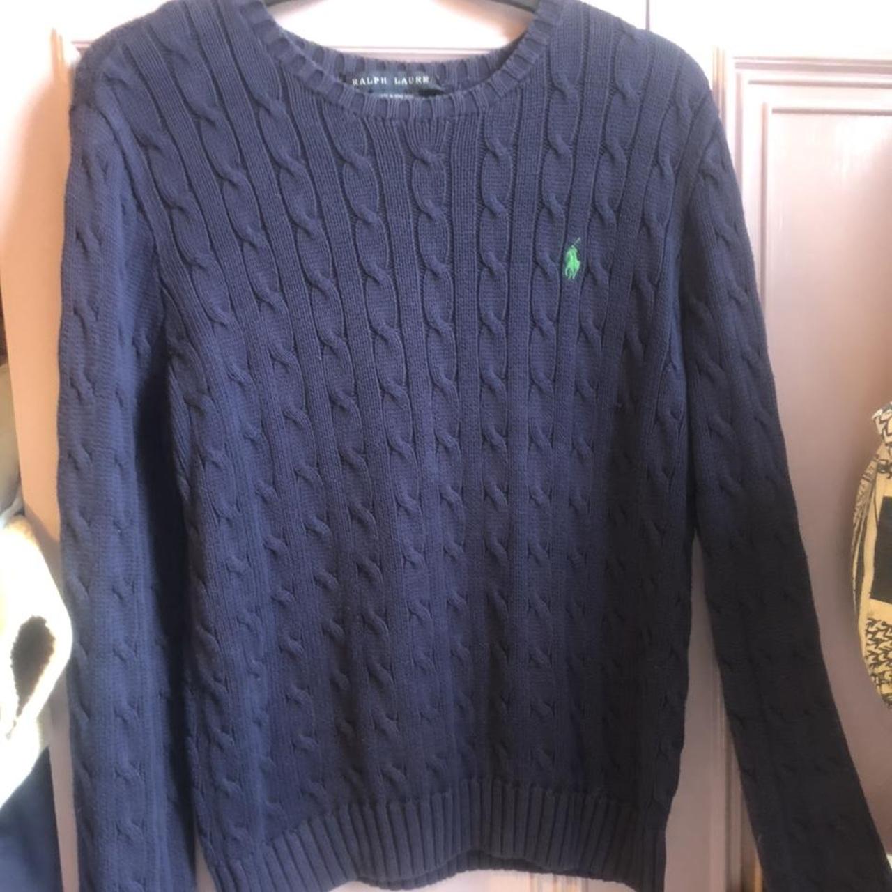 Navy Ralph Lauren cable knit jumper with green logo... - Depop