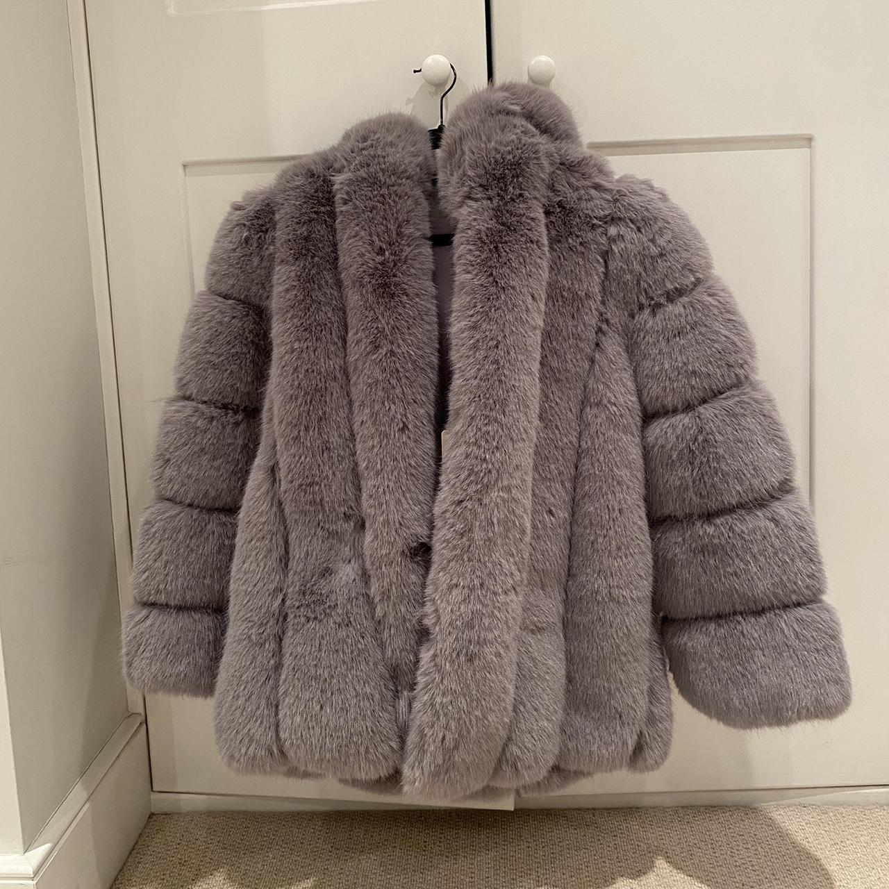 Grey faux fur coat with hood - never worn. Amazing... - Depop