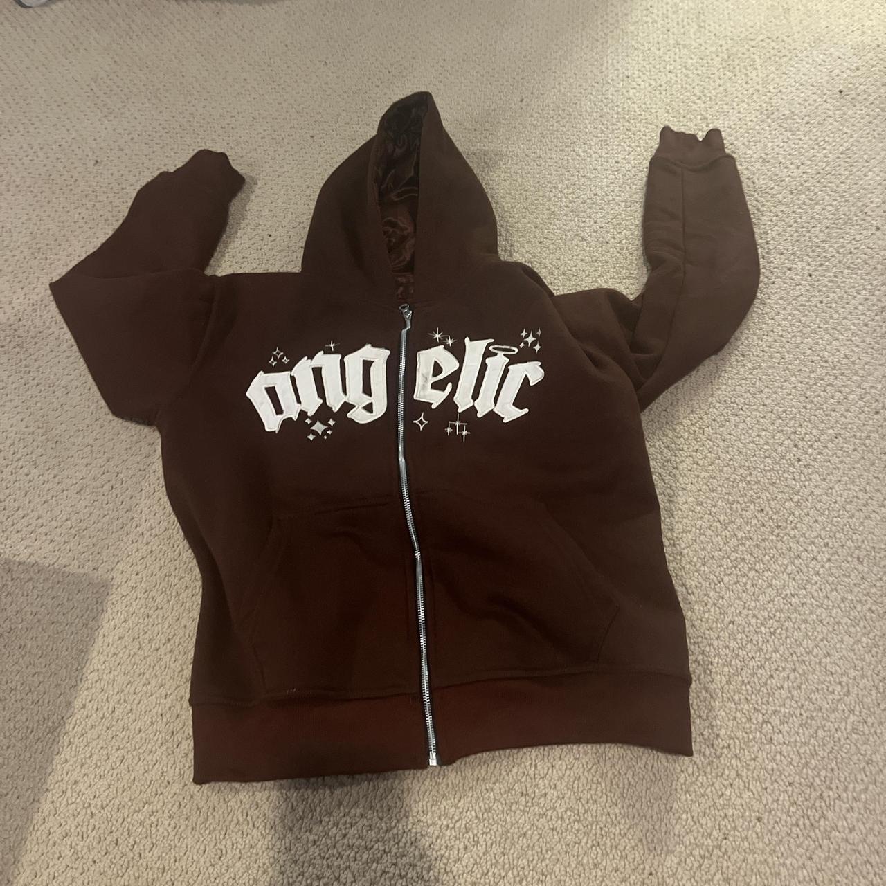Brown Angelic Motion zip up Silk hoodie Cross on top... Depop
