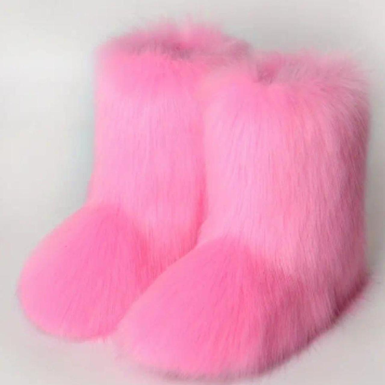 Pink Faux Fur Boots. Size 7.5 #fauxfur #pinkboots... - Depop