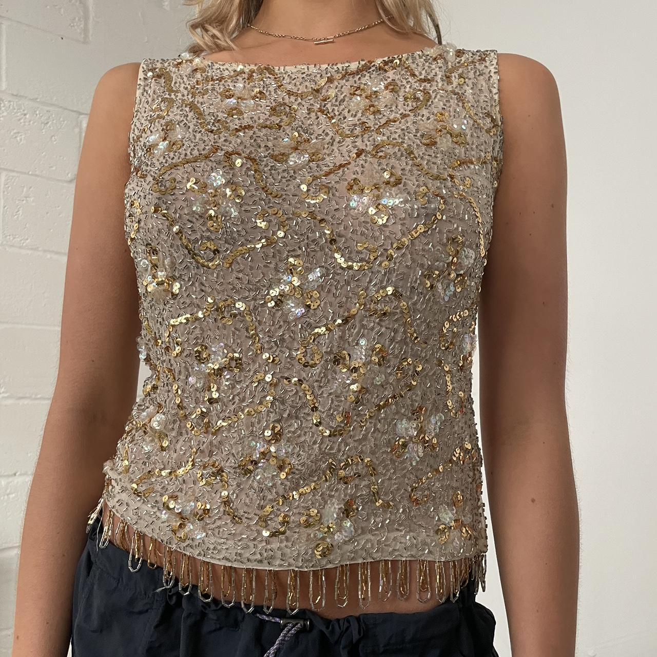 Gold sequin and beaded tank. Nude mesh high neck... - Depop