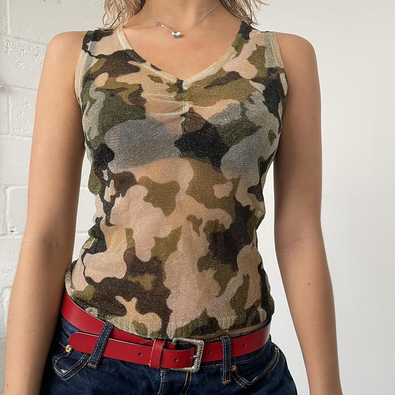 Khaki green camo mesh tank top. Glitter thread v... - Depop