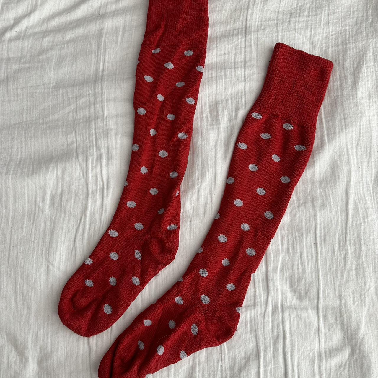 Thick red with grey dots knee socks - Depop