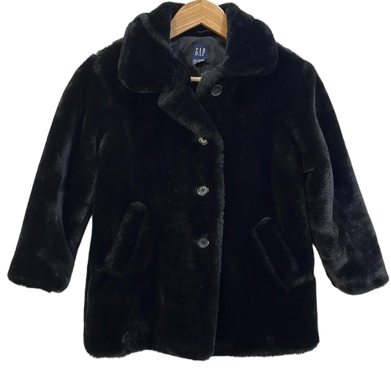 Gap Faux Fur Jacket Black with Buttons VERY GOOD... - Depop