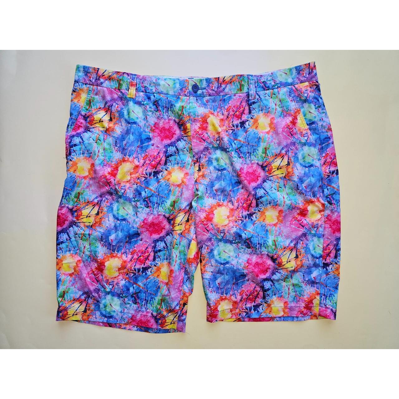 Bright paint splattered designed shorts by Hreski. Depop