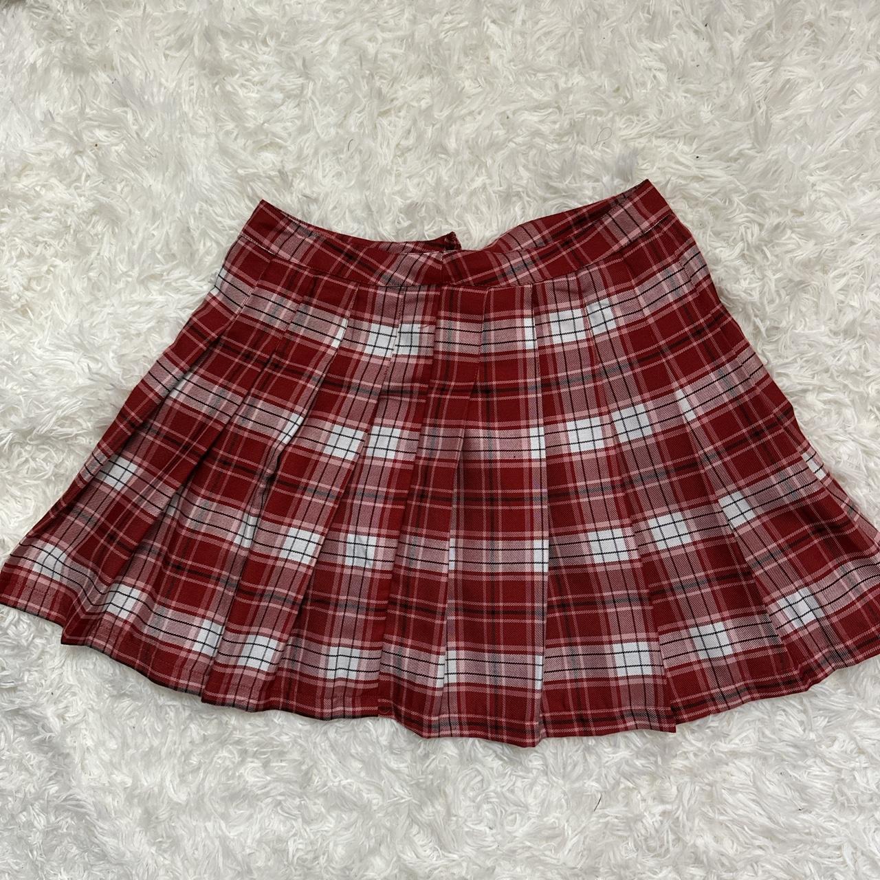 White and red plaid pleated skirt with button and Depop