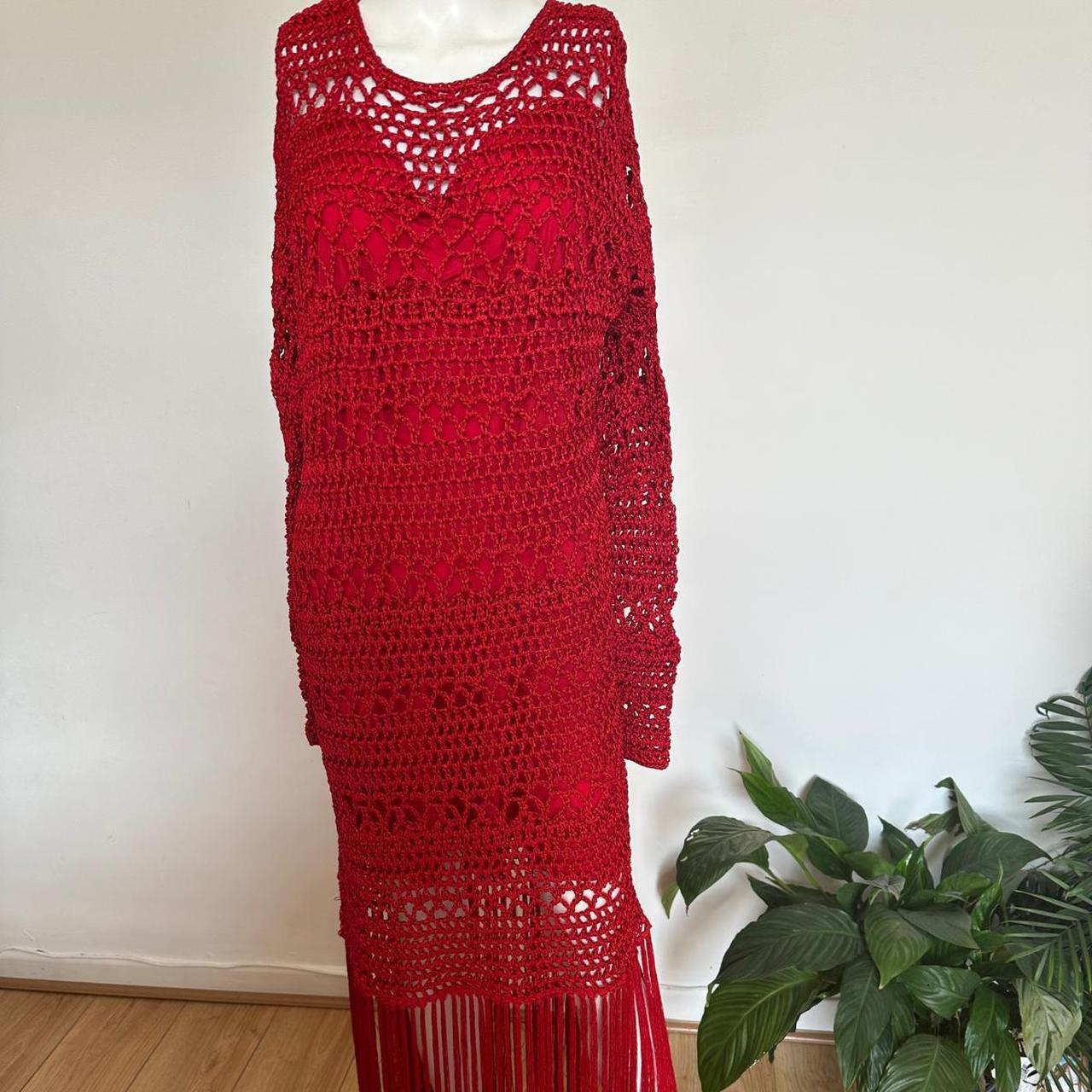 新作新品 LADY CROCHET KNIT DRESS ZARA NEW WOMAN CROCHET KNIT DRESS WITH FRINGING RED | Depop