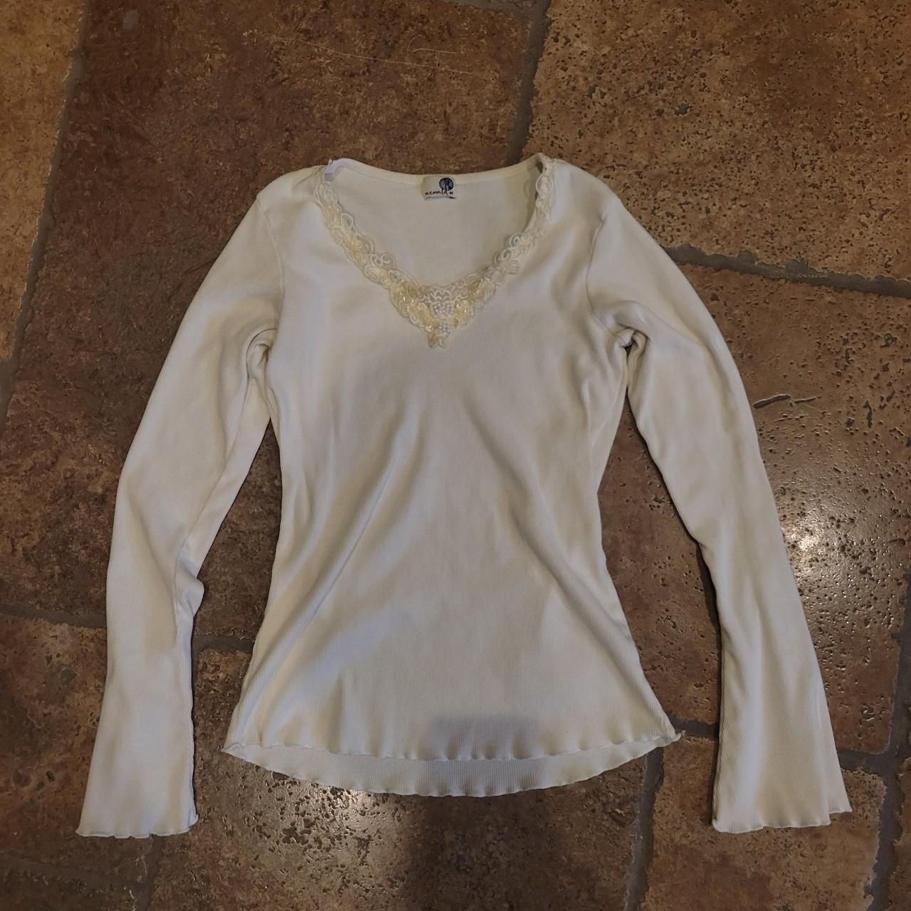 Coquette white long sleeve with lace and pearl accents - Depop