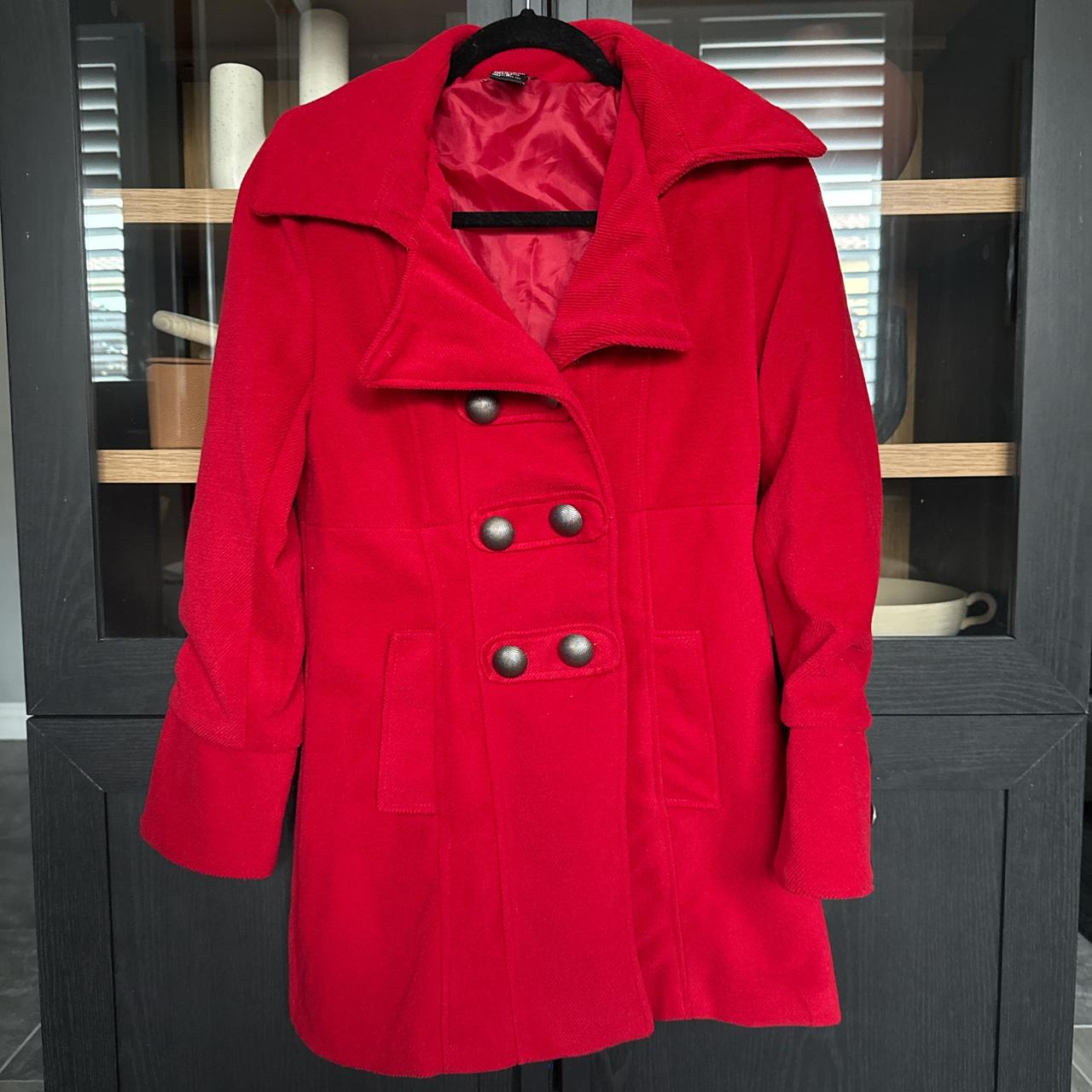 Wet Seal Women's Peacoat - Red - S – Red curdoroy peacoat with silver buttons and …
